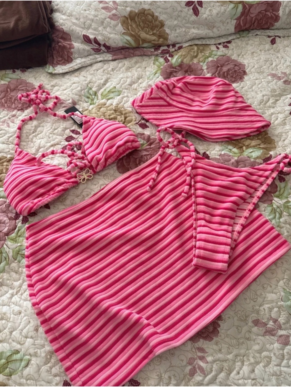 Fashion Nova Pink Striped Bikini Set with Cover-Up and Hat